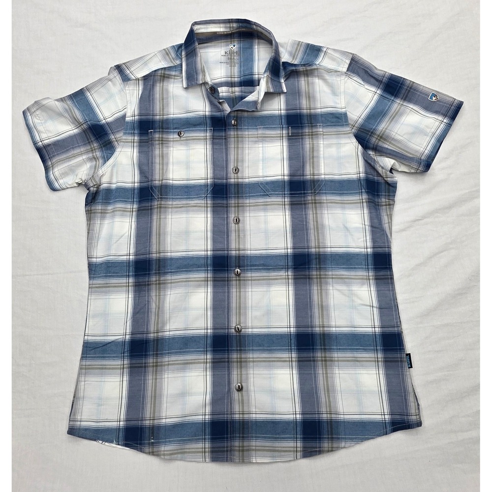 Kuhl Mens Short Sleeve Plaid Button Down Shirt Blue White Tailored Fit Small